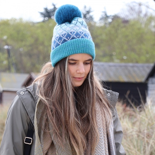 Teal & Grey Mix Wool & Recycled Yarn Bobble Hat by Peace of Mind